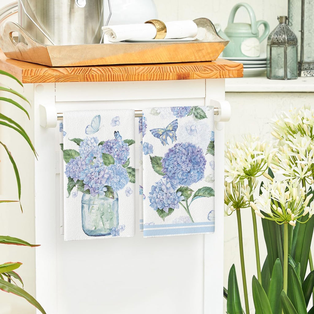 Artoid Mode Hydrangea Vase Butterfly Spring Kitchen Towels Dish Towels, 18x26 Inch Summer Flowers Holiday Decoration Hand Towels Set of 2