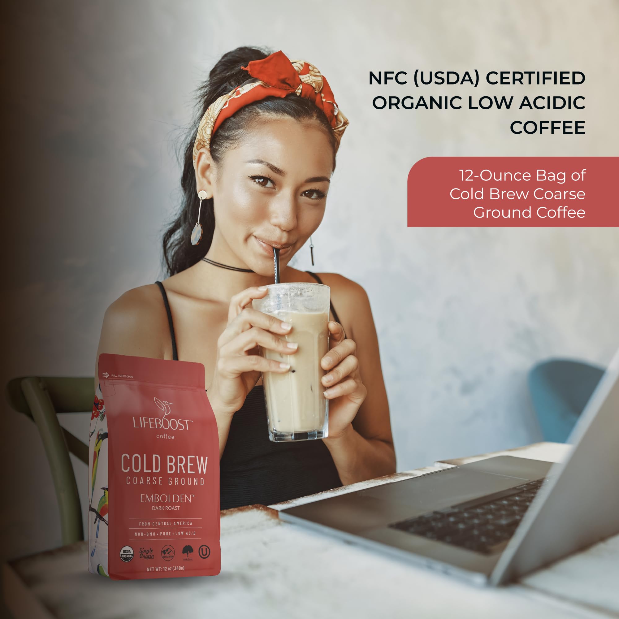 Lifeboost Low Acid Cold Brew Coffee, Organic Coarse Ground Medium Roast, 12 oz