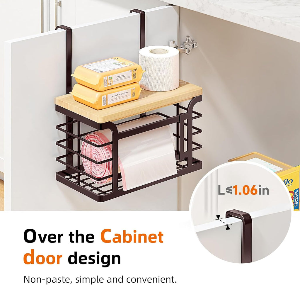 2 Pack Stackable Trash Bag Holder with Bamboo Top, 2025 Pro Wall Mount Laundry Room Organization, Djustable Hooks for Cabinet Door - Organizers in Kitchen/Pantry/Laundry Room, Brown