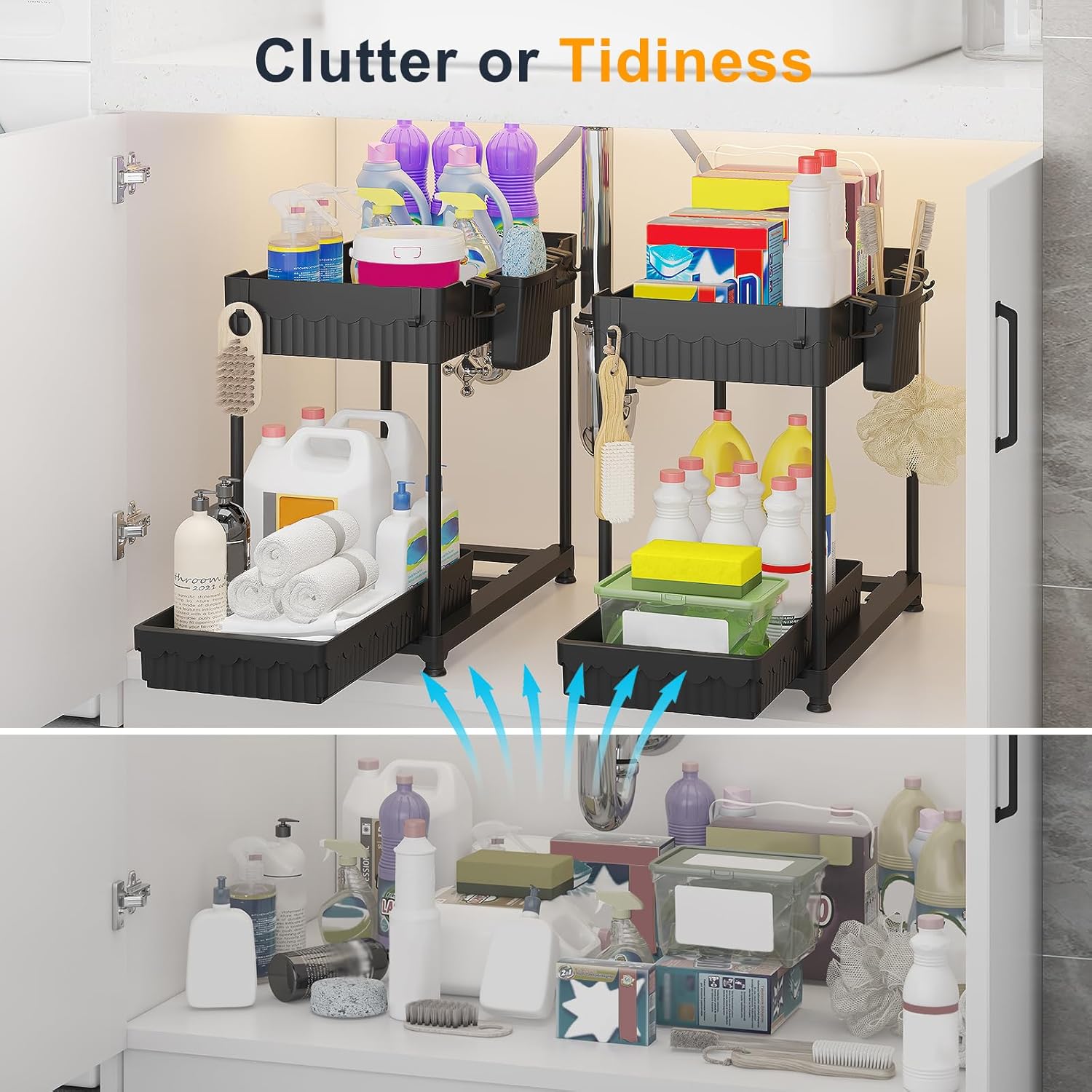 Bathroom Organizers and Storage, Under Sink Organizers and Storage Black, 2 Pack Cabinet Organizer Black