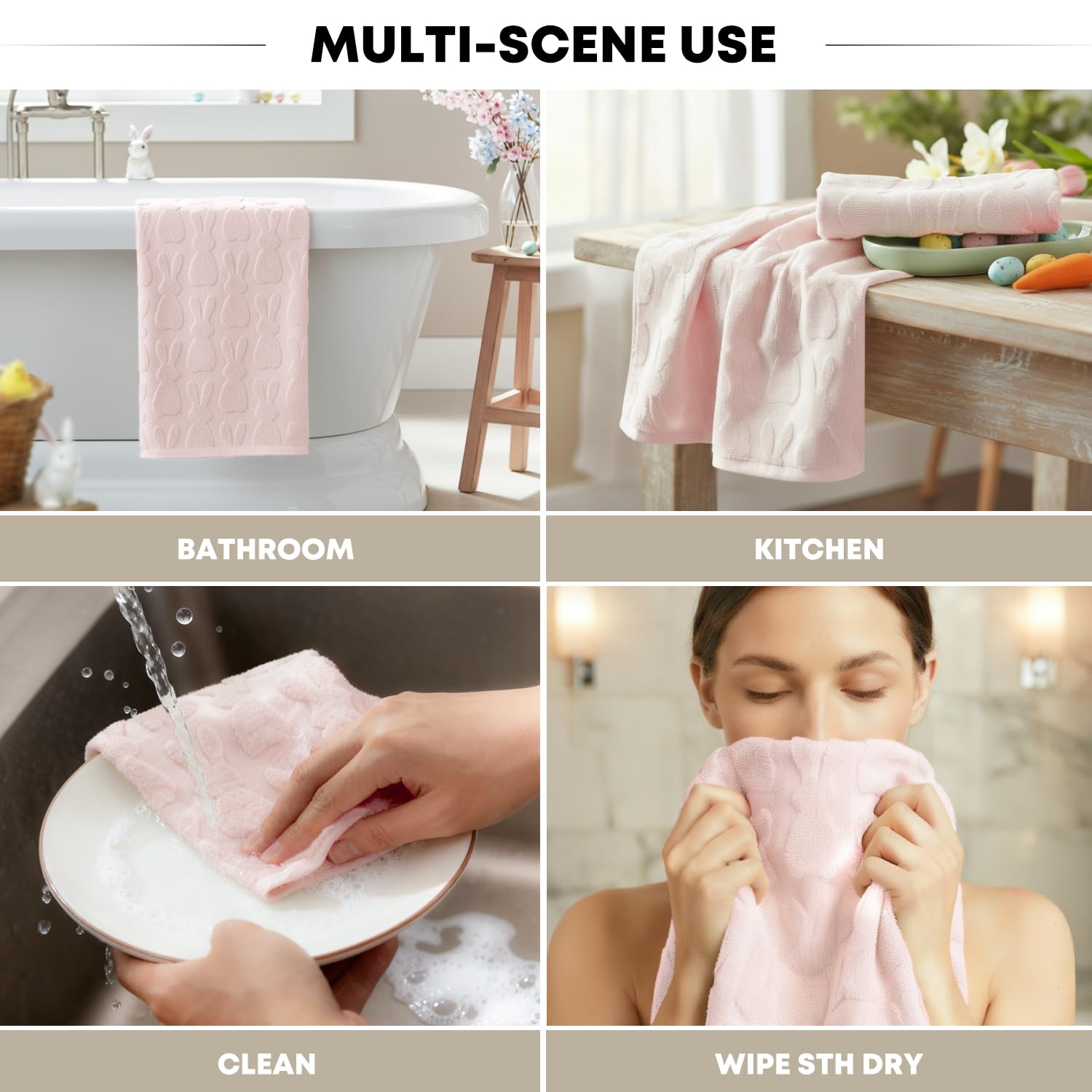 Artoid Mode 2 Pcs Beige 3D Rabbit Jacquard Easter Hand Towels for Bathroom, 100% Cotton Soft Absorbent Bathroom Decor Towels, 13.7 x 29.5 Inch