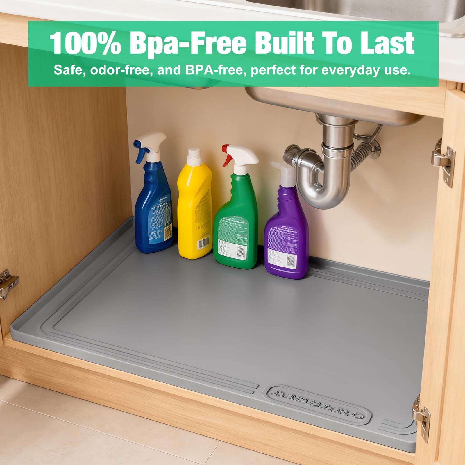 Aisslro Under Sink Mat 22" X 19", Waterproof Silicone Cabinet Protector with Raised Edge, Kitchen & Bathroom Leak Tray, Shelf Liner & Pet Feeding Mat for Dog Cat Food Mats, Light Gray