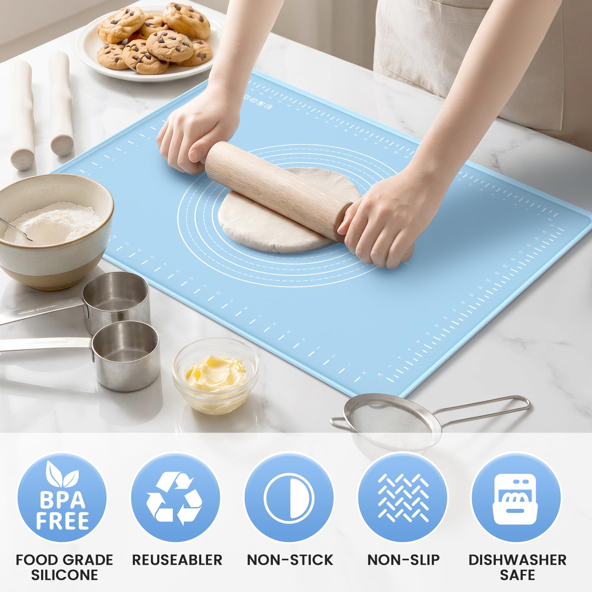Silicone Baking Mat 28x20 Inches | Extra Thick Dough Rolling Mat with Measurements and Edge Heightening | Non-Stick Food Grade Pastry Mat for Pastry, Bread, Cookies, Pizza, Fondant & Pasta