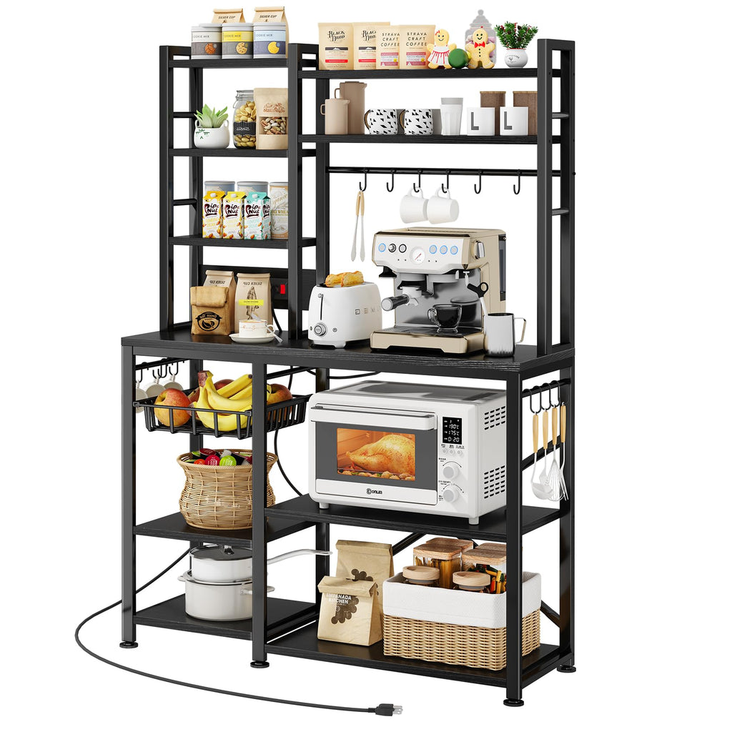 Baker Rack with Power Outlet - Microwave Stand with Storage, Large Coffee Bar Station with 14 Hooks, Metal Kitchen Shelf Rack for Spices, Pots (Rustic Brown) | with Power Outlet, with Storage, with 14 Hooks, for Spices, for Pots