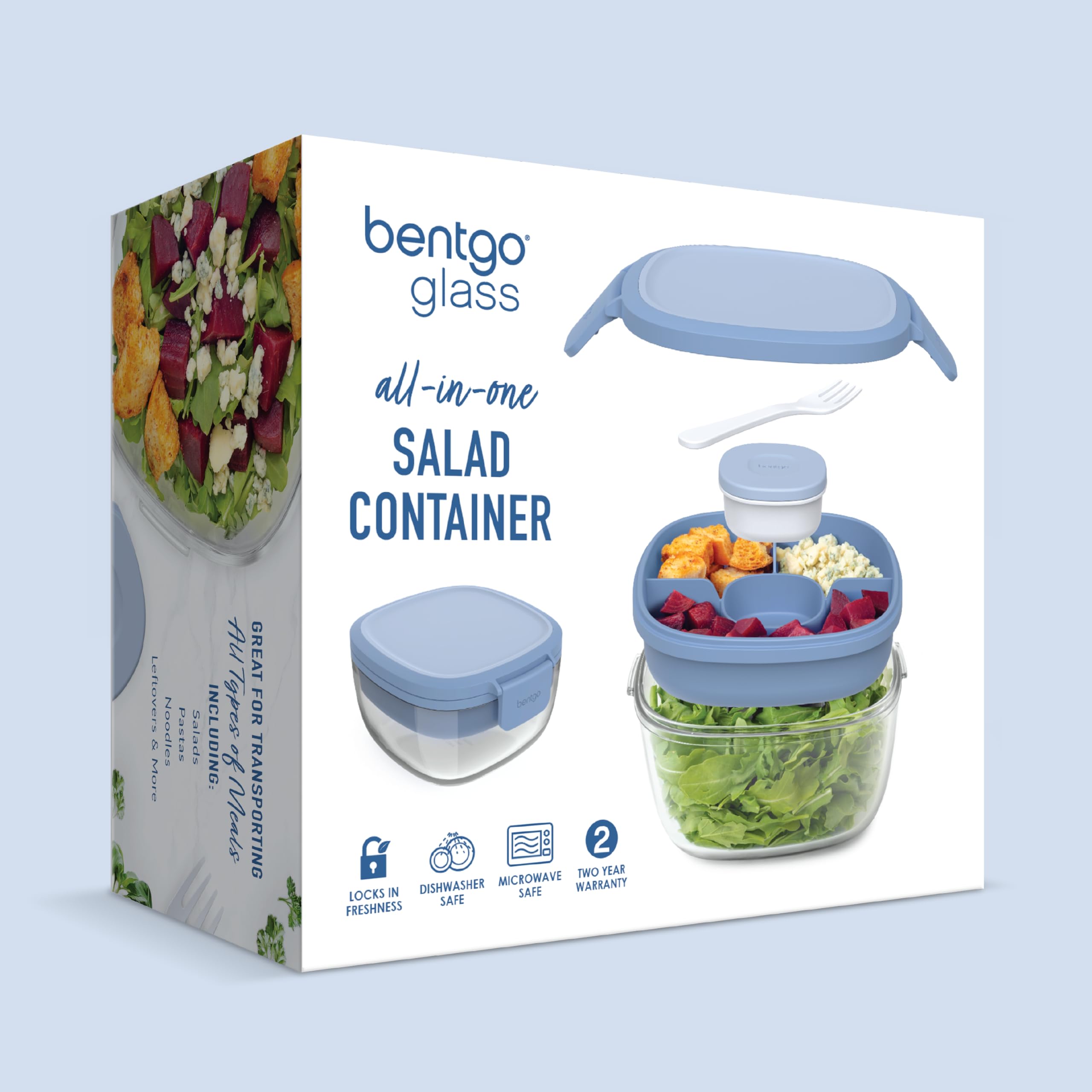 Bentgo Glass Salad Container - 7.6-Cup Salad Bowl with Airtight Lid, Leak-Proof Sauce Container, 4-Compartment Bento Tray & Reusable Fork - BPA-Free for Meal Prep, Office & More (Lavender)