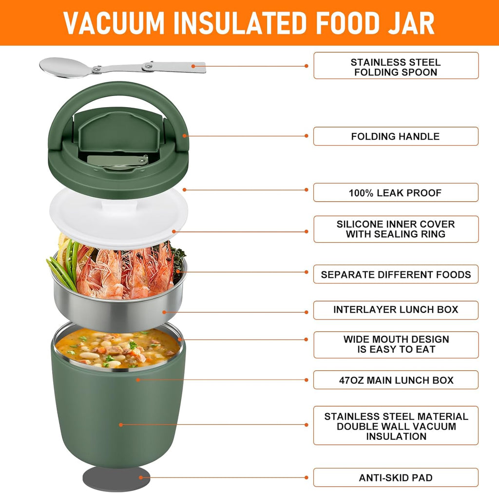 40oz Insulated Lunch Containers for Adults Soup Thermo for Hot Food Jar Wide Mouth Leak Proof Vacuum Stainless Steel Thermal Bento Box with Buckle Lid and Spoon
