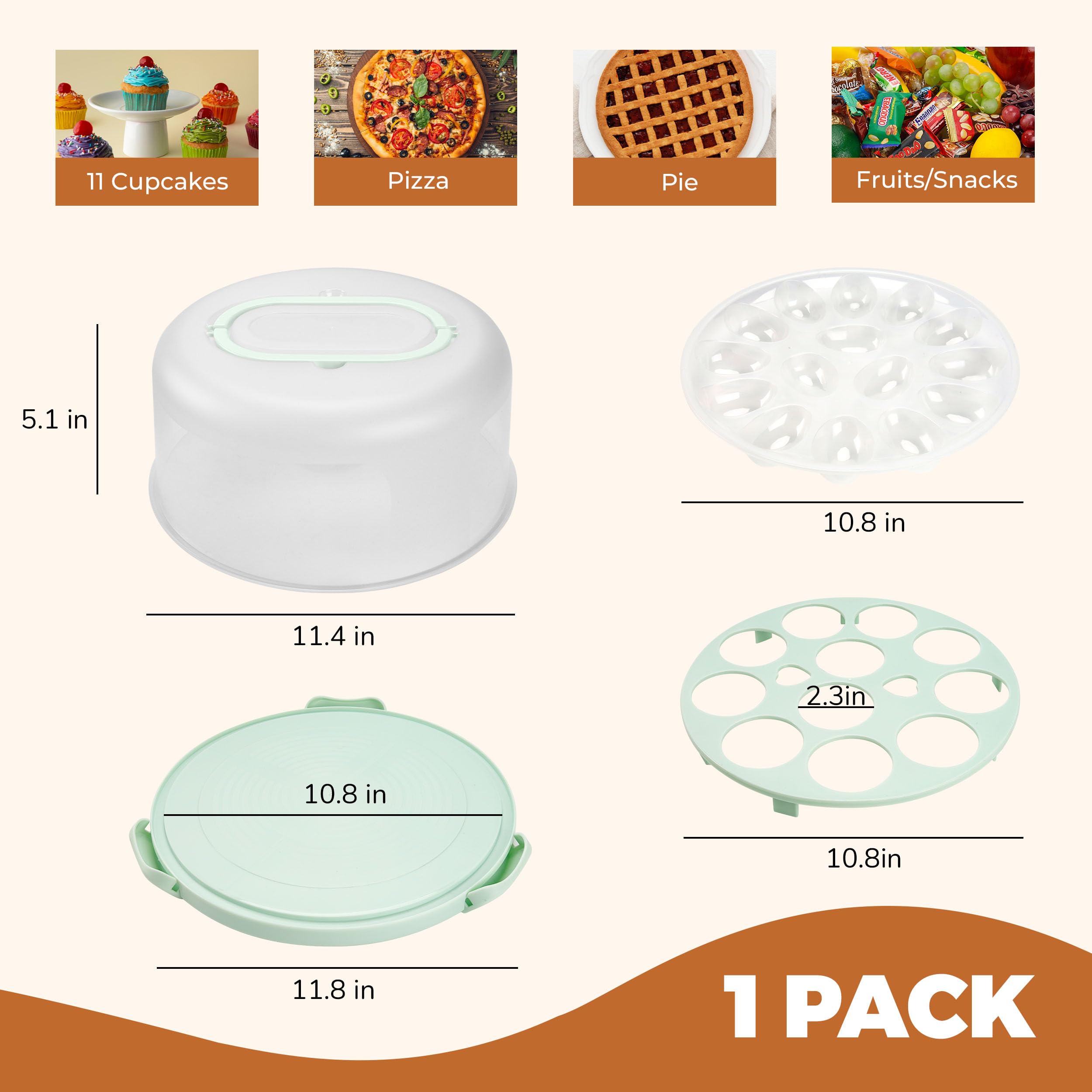 Green Cake Containers with Lids Round Plastic Cupcake Holders 4-in-1 Multipurpose Cake Carrier Holder for 11 Inch Cake Pies Cupcake Eggs Fruit or Snack Transport