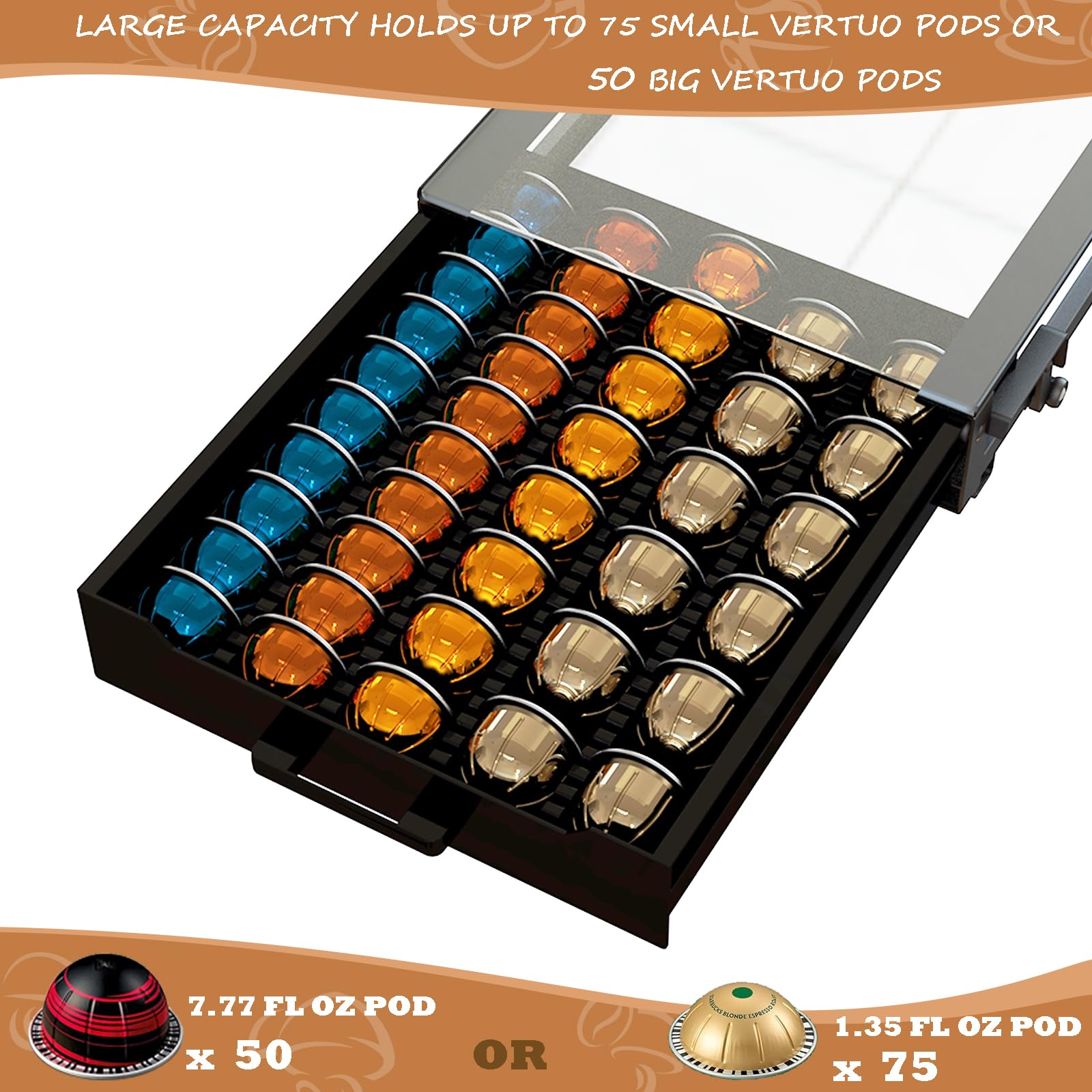 Vertuo Pod Holder Drawer with Deluxe Black Tempered Glass Top, Compatible for Nespresso VertuoLine Pods, Holds up to 75 Small or 50 Big Vertuo Pods Compact Design (Piano Black Nespresso Pods Holder)