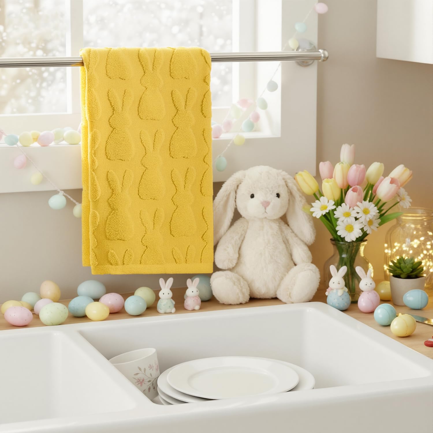 Artoid Mode 2 Pcs Beige 3D Rabbit Jacquard Easter Hand Towels for Bathroom, 100% Cotton Soft Absorbent Bathroom Decor Towels, 13.7 x 29.5 Inch