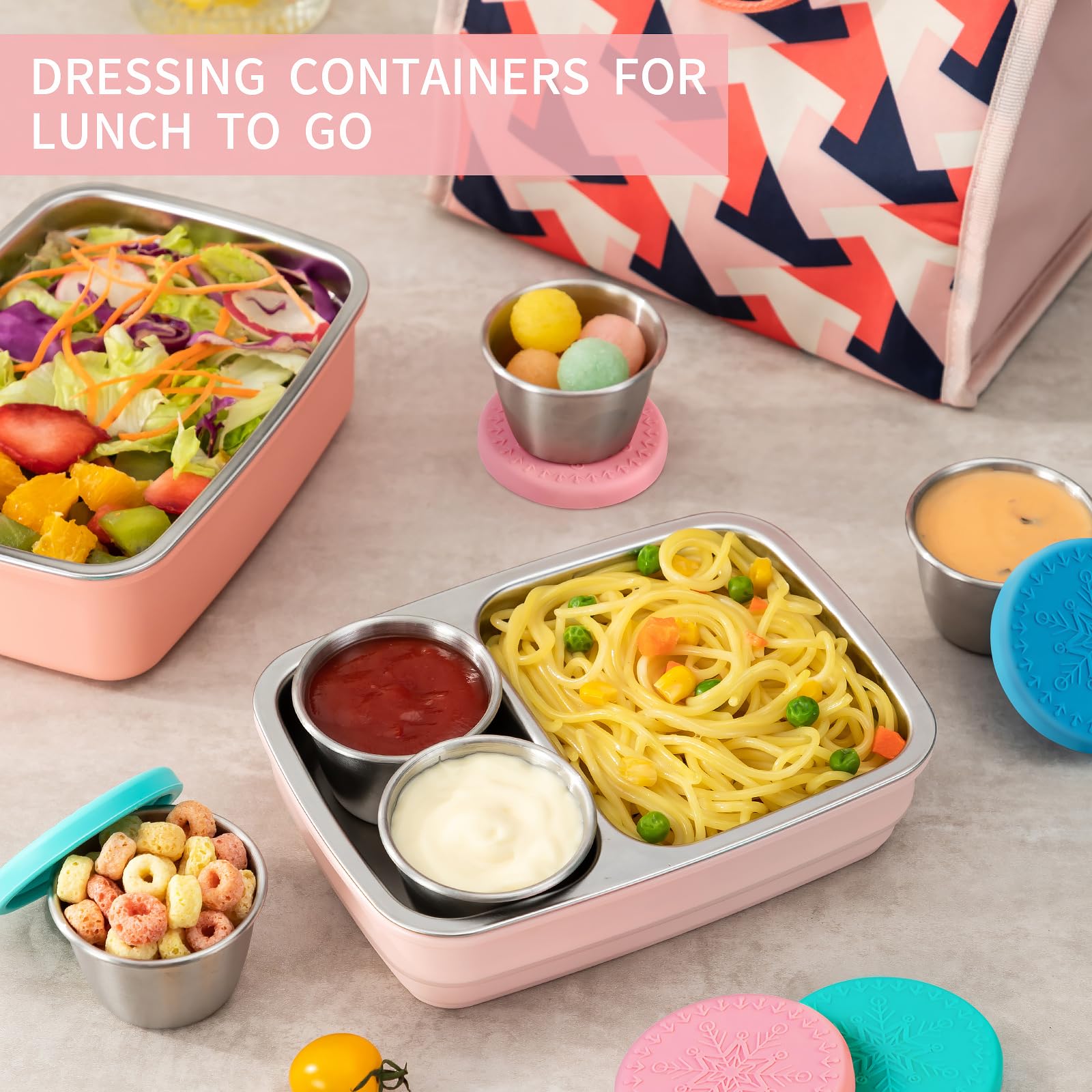 Freshmage [6 Pack 2.4oz] Stainless Steel Dressing Container with Silicone Lids, Reusable Leakproof Condiment Containers Small Sauce Container Sets