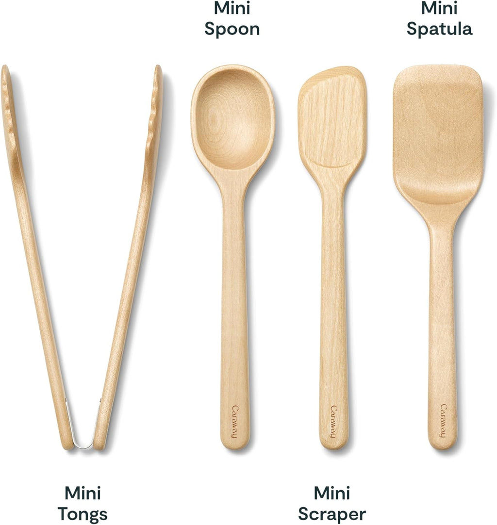 Caraway 4-Piece Mini Wooden Kitchen Utensils Set for Cooking, Serving, and Plating - Includes Mini Spoon, Scraper, Spatula, and Tongs
