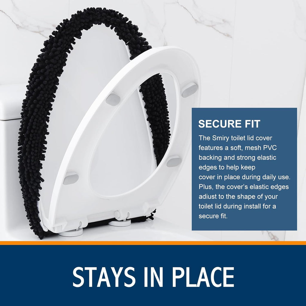 Smiry Soft Chenille Bathroom Toilet Lid Cover, Machine Washable Covers, 17.5x15, Fits Most Round, Elongated and Oblong Lids, Accessories Decor, Black