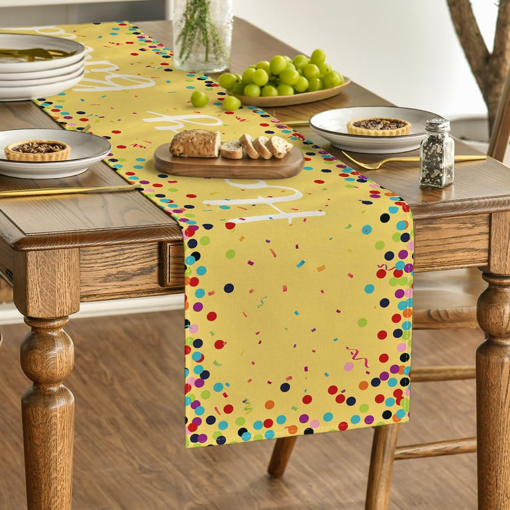 Artoid Mode Polka Dot Beige Happy Birthday Table Runner, Seasonal Kitchen Dining Table Decoration for Home Party Decor 13x72 Inch
