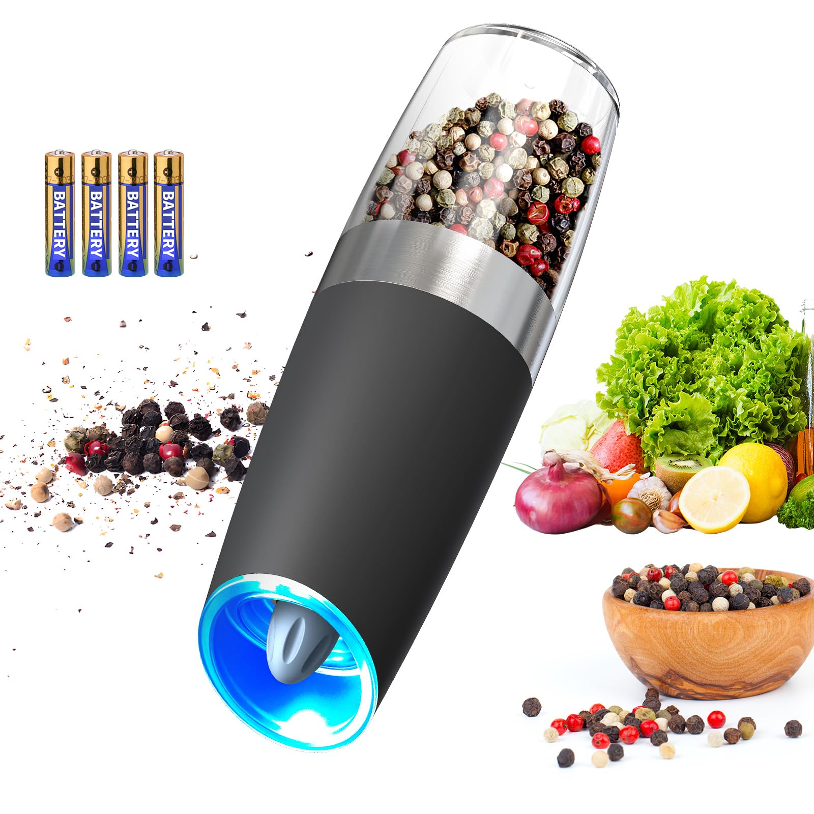 CIRCLE JOY Rechargeable Salt and Pepper Grinder Set Gravity Electric Salt and Pepper Grinder Set, LED Light, Adjustable Coarseness, for Home Kitchen BBQ, Black & White