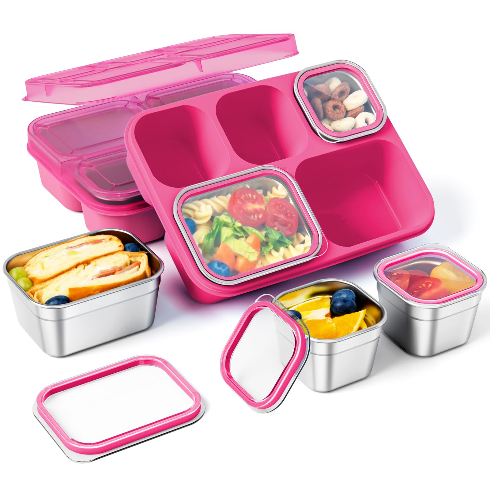 Freshmage Stainless Steel Snackle Box Container, 5 Compartment Lunch Bento Box, Reusable Food Storage Snack Box for School, Work, and Travel, BPA Free and Dishwasher Safe, Pink (1 Pack)