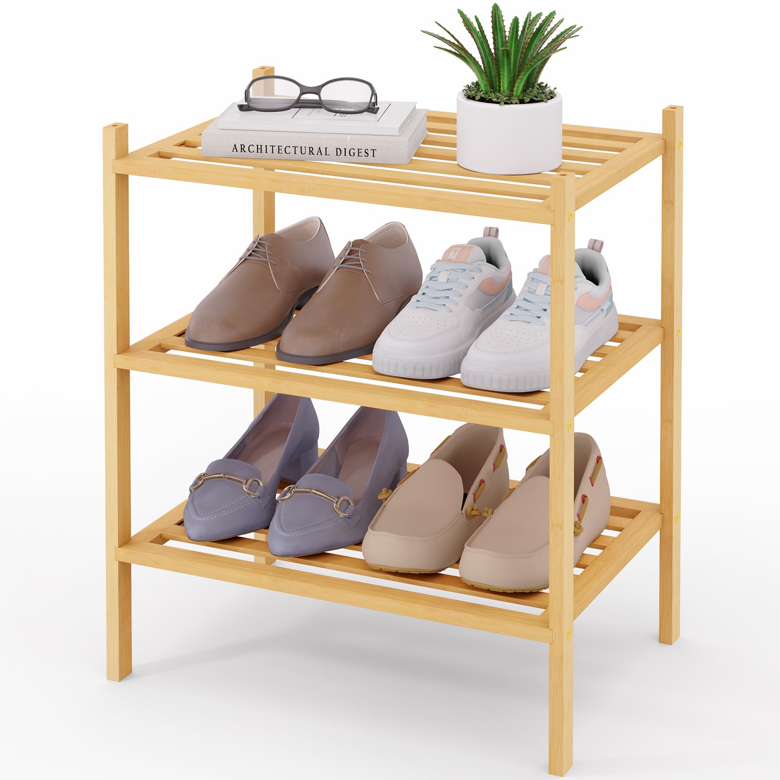 Smiry Bamboo Shoe Rack 3-Tier, Stackable Wooden Shoe Organizer for Entryway & Closet, Free Standing Wood Shoe Storage Shelf for Front Door & Small Spaces, Natural