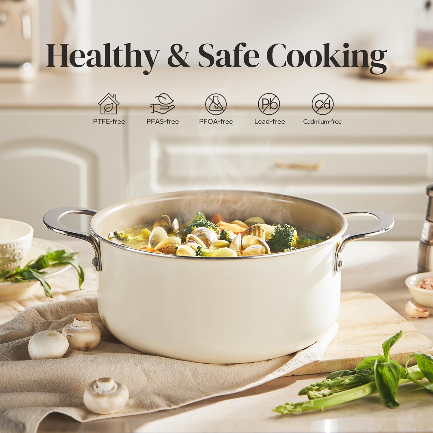 Redchef 5 QT Ceramic Stock Pot with Lid, 3.5QT Small Saucepan Stay-Cool Handles, Compatible All Stovetops, PFAS PFOA & PTFE Free (Beige)