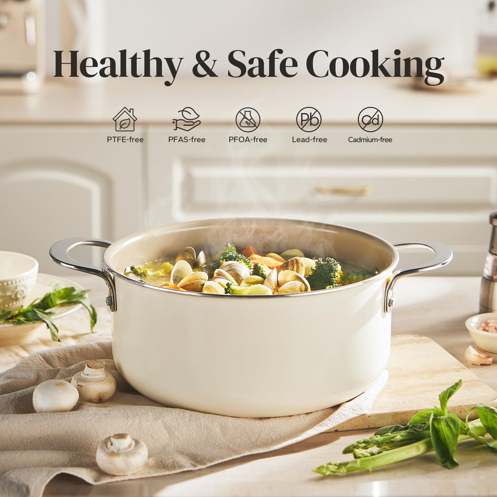 Redchef Ceramic Stock Pot with Lid, Soup Pot for All Stoves, 5 Qt Induction Cooking Pot for Soup Nonstick, Even Heating, Stay-Cool Handles, Oven/Dishwasher Safe, PTFE PFAS Free (Beige)