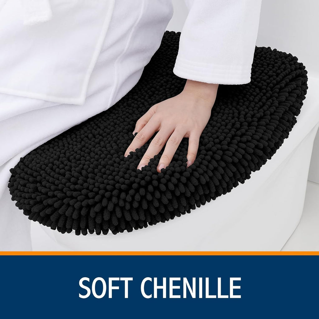 Smiry Soft Chenille Bathroom Toilet Lid Cover, Machine Washable Covers, 17.5x15, Fits Most Round, Elongated and Oblong Lids, Accessories Decor, Black
