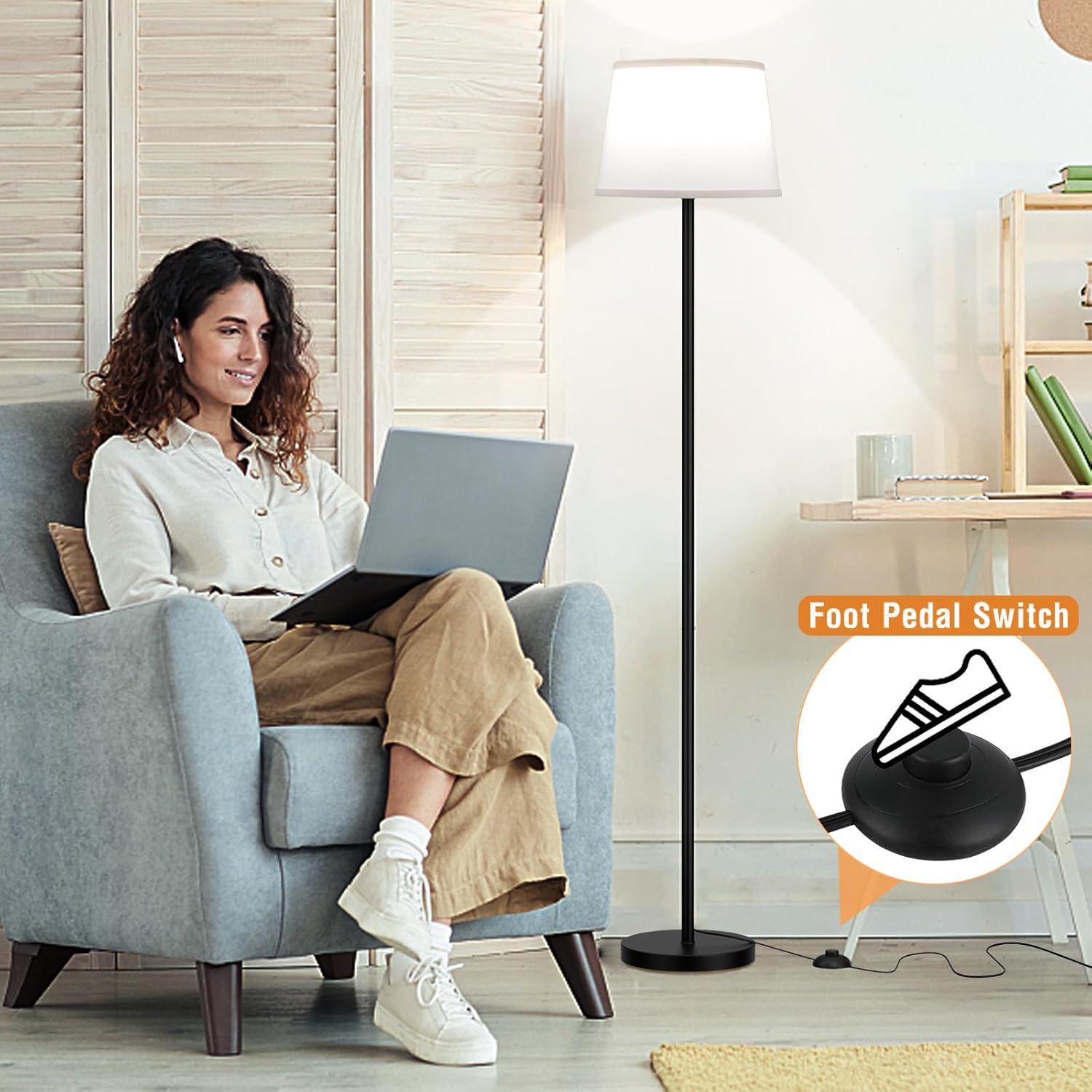 Upgraded Floor Lamps for Living Room White Shade and Beige Shade, Modern Floor Lamp with Remote Control, Dimmable Colors Temperature Standing Lamp Tall Lamps for Bedroom Office Kid Room(9W Bulb)