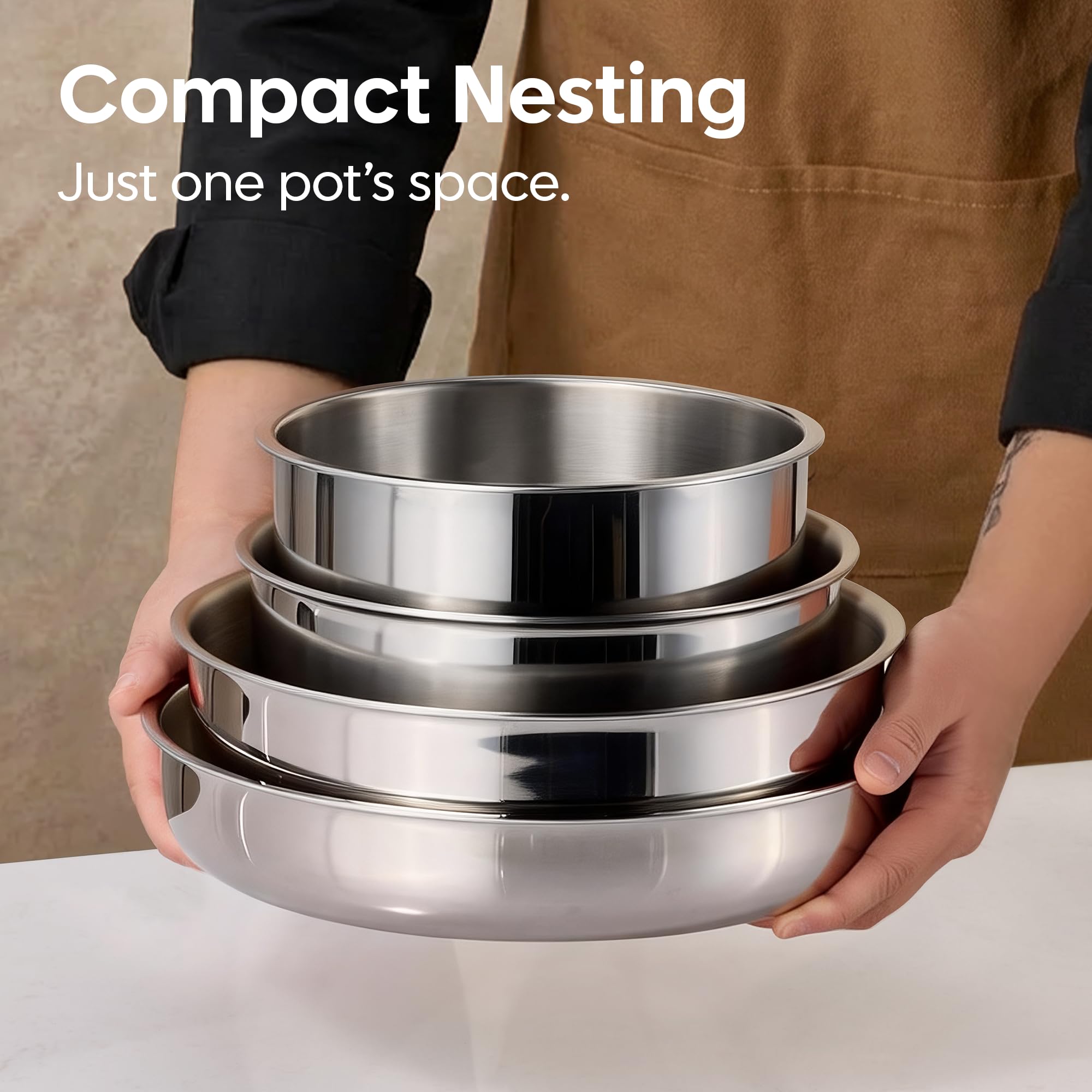 CAROTE 19pcs Stainless Steel Cookware Set with Detachable Handle, Pots and Pans Set, Induction Kitchen Cooking Sets, RV/Camping Cookware, Removable Handle, Oven Safe, Woodgrain