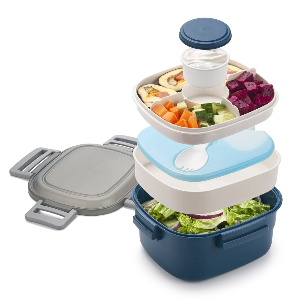 Freshmage Salad Lunch Container To Go, 52-oz Salad Bowls with 3 Compartments, Salad Dressings Container for Salad Toppings, Snacks, Men, Women (Blue)