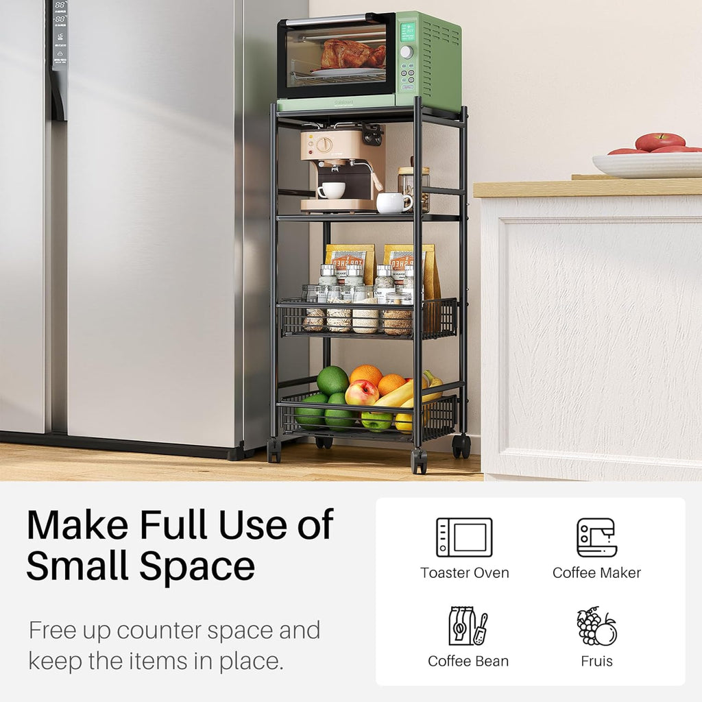 SAYZH Kitchen Microwave Stand Shelf - 4 Tiers Metal Bakers Rack with Casters, Coffee Bar Station with Storage, Black