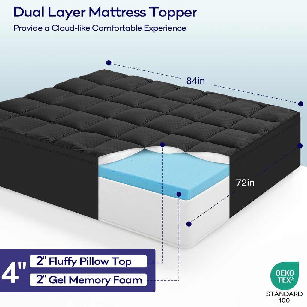 OLANLY Dual-Layer 4 Inch Queen Size Memory Foam Mattress Topper for Back Pain, 2 Inch Cooling Pillow Top Mattress Pad Cover and 2 Inch Gel Memory Foam Topper, Deep Elastic Pocket, Grey