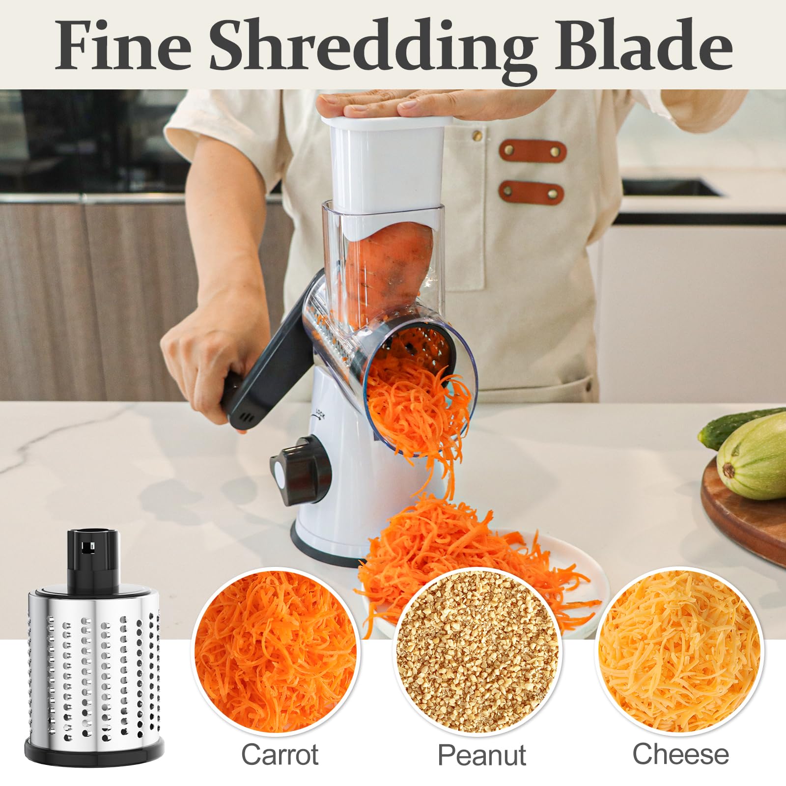 Cambom 5 in 1 Rotary Cheese Grater Hand Crank Cheese Shredder for Fresh Cheese, Vegetable, Nuts,Non-slip Suction Base, Black