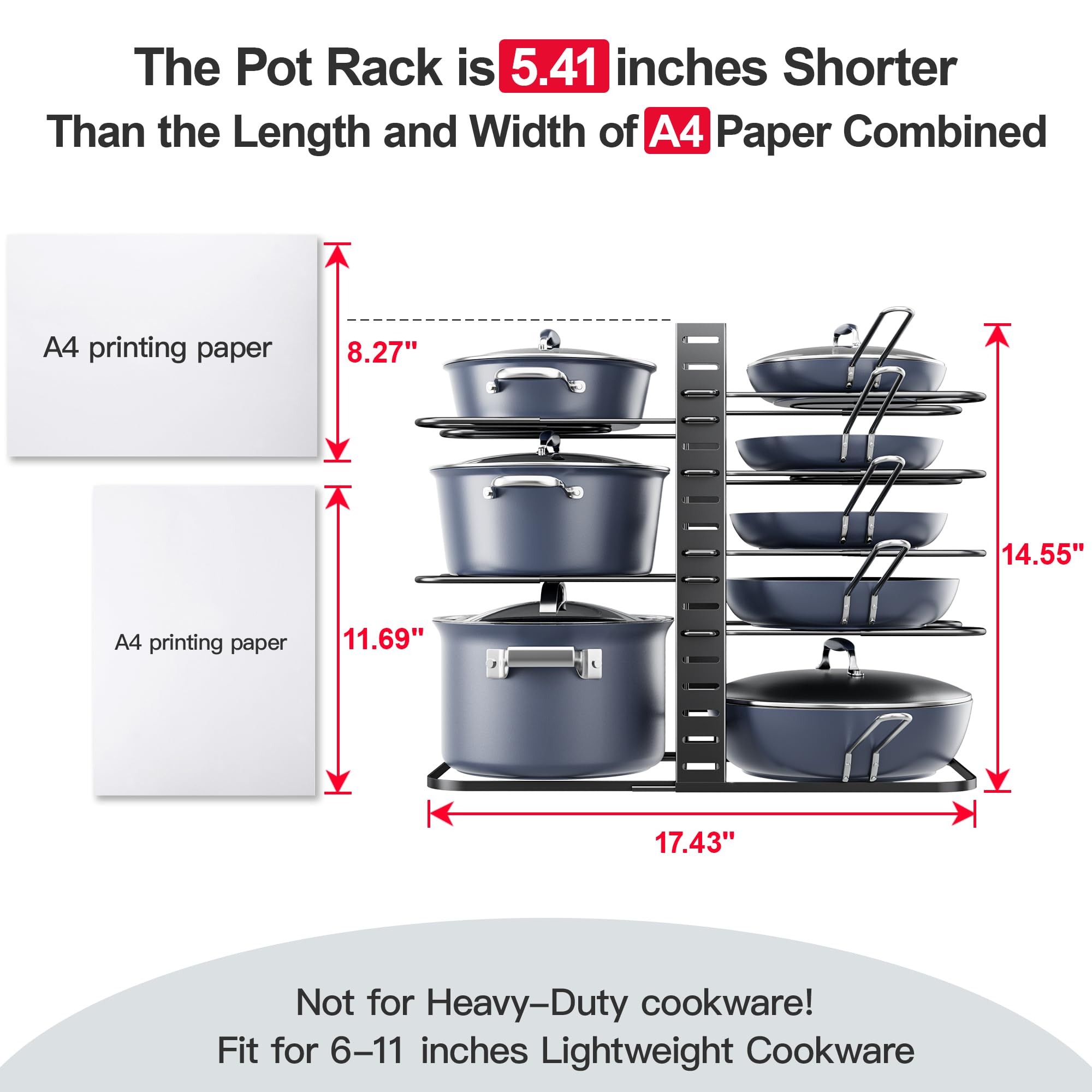 ORDORA Pots and Pans Organizer for Cabinet 16.61 Height, 8 Tier Pot Organizers Rack with 3 DIY Methods, Adjustable Pan Organizer under Cabinet Kitchen Organization and Storage