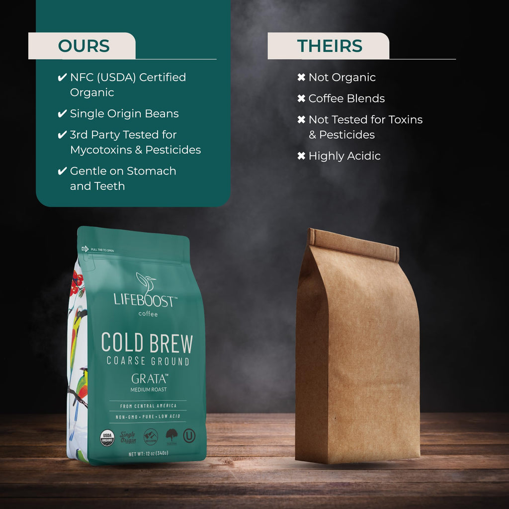 Lifeboost Low Acid Cold Brew Coffee, Organic Coarse Ground Medium Roast, 12 oz