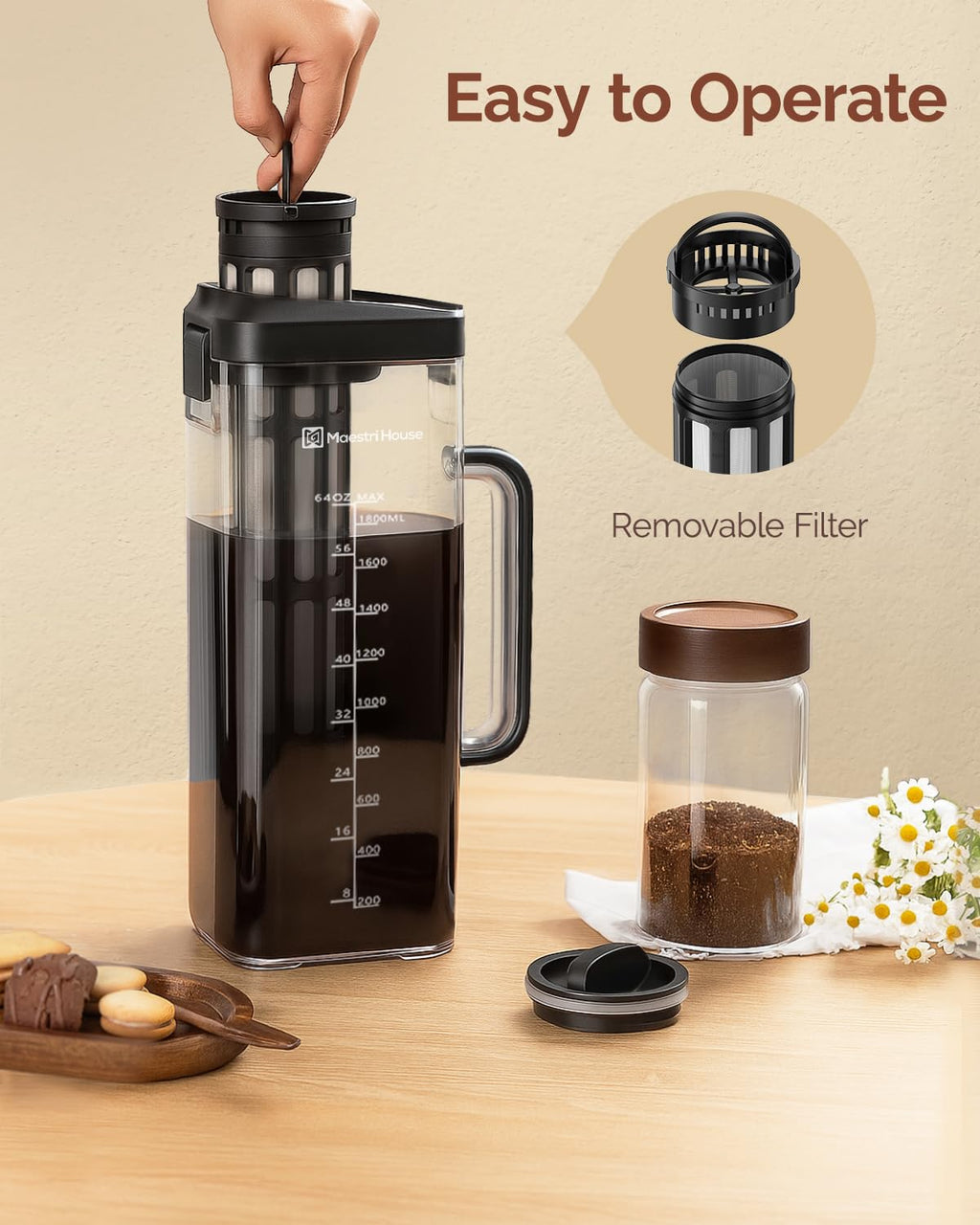 Maestri House Compact Cold Brew Coffee Maker, 40oz Iced Tea and Coffee Maker Brewer Space Saving Tritan Pitcher, 350 Mesh Filter, 100% Leak-Proof
