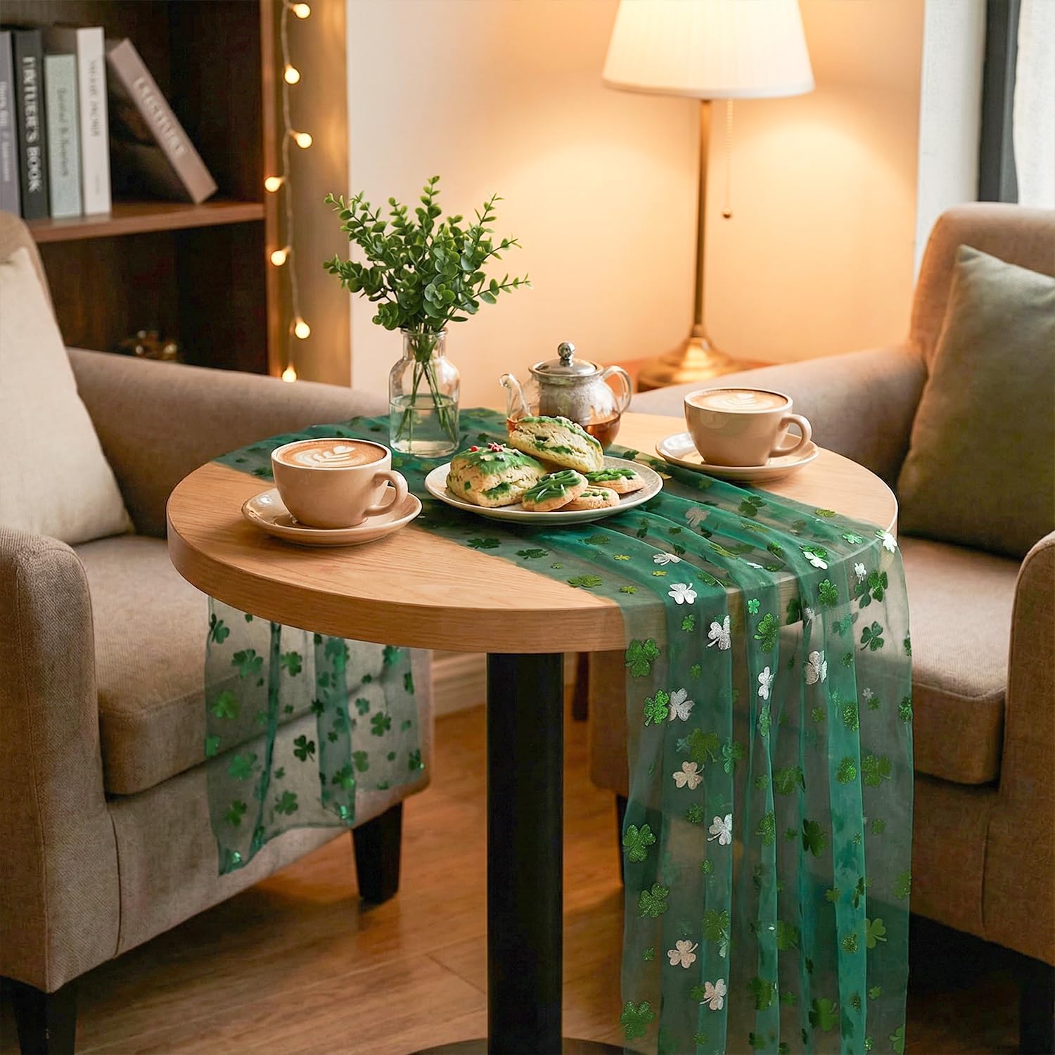 Artoid Mode Gauze Green Shamrocks St.Patrick's Day Table Runner 120 Inch 10FT,Seasonal Sheer Dining Holiday Baby Shower Table Decor for Home Party