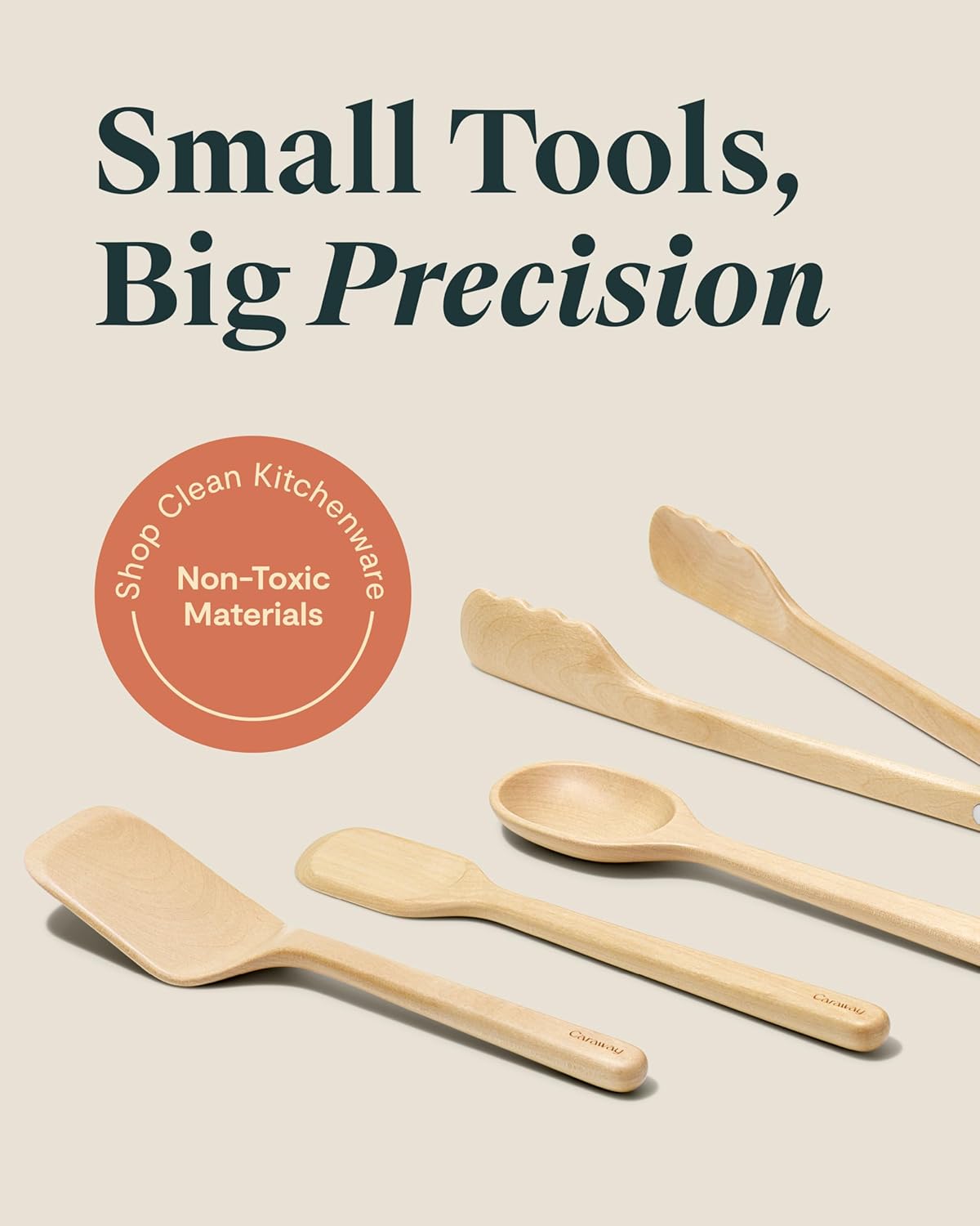 Caraway 4-Piece Mini Wooden Kitchen Utensils Set for Cooking, Serving, and Plating - Includes Mini Spoon, Scraper, Spatula, and Tongs