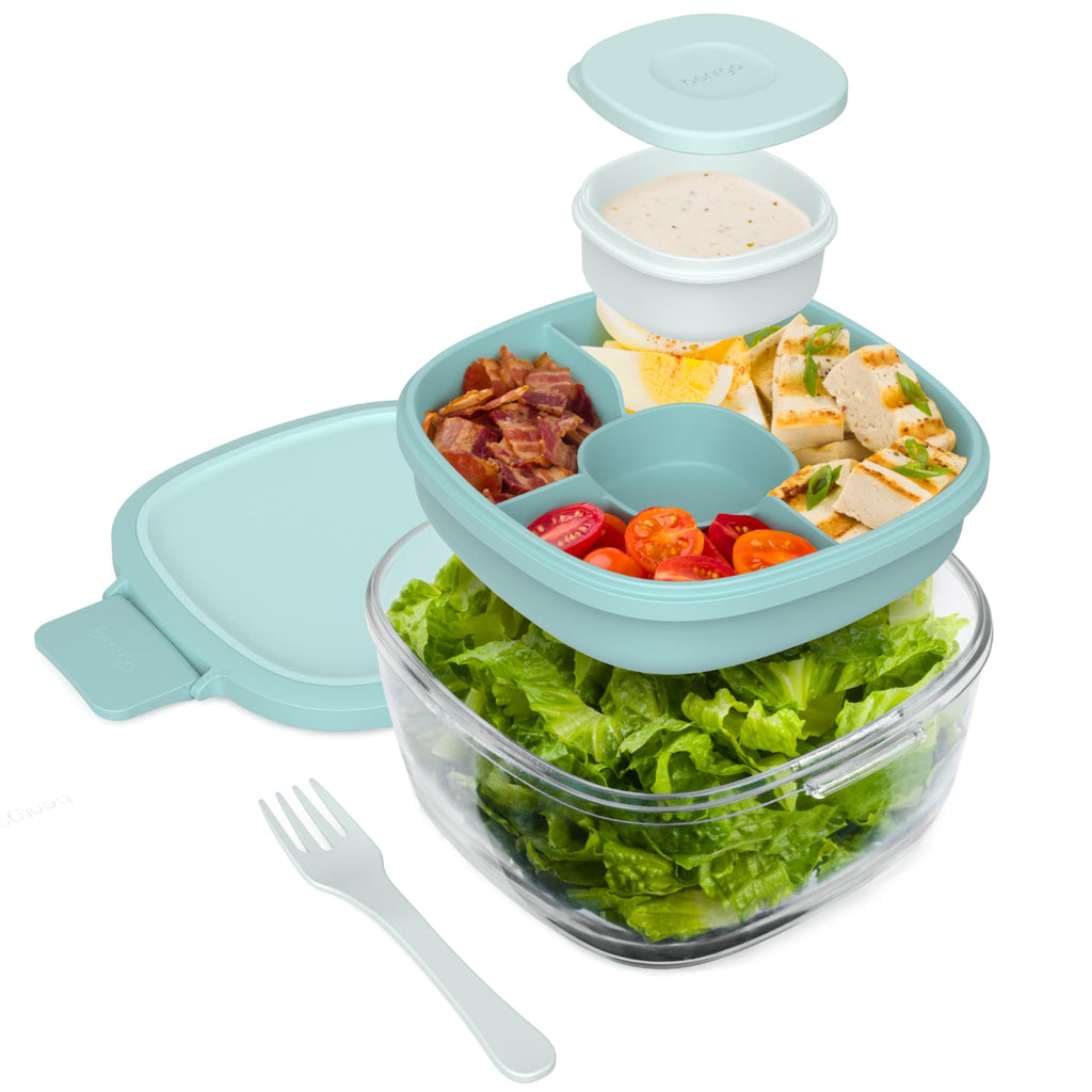 Bentgo Glass Salad Container - 7.6-Cup Salad Bowl with Airtight Lid, Leak-Proof Sauce Container, 4-Compartment Bento Tray & Reusable Fork - BPA-Free for Meal Prep, Office & More (Lavender)