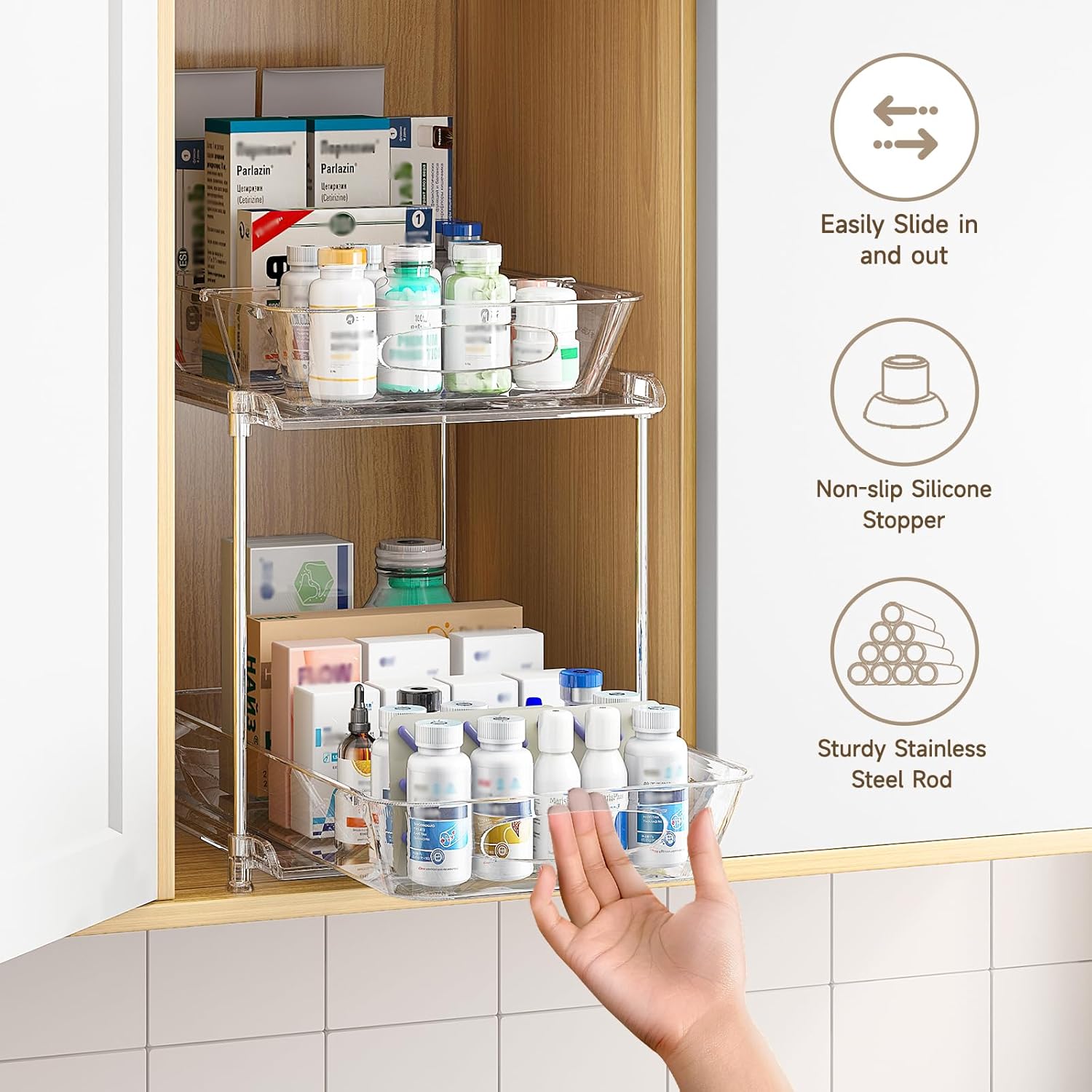 2 Pack Bathroom Cabinet Organizer, 2 Tier Clear Under Sink Organizers and Storage Medicine Cabinet Organizer with Dividers, Pull Out Kitchen Pantry Shelf Cupboard Closet Vanity Organization Bins