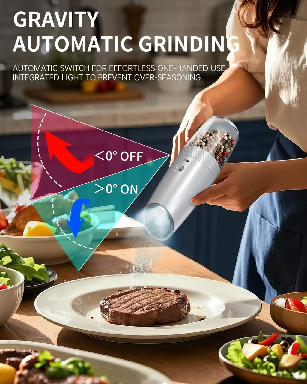 CIRCLE JOY Rechargeable Salt and Pepper Grinder Set Gravity Electric Salt and Pepper Grinder Set, LED Light, Adjustable Coarseness, for Home Kitchen BBQ, Black & White