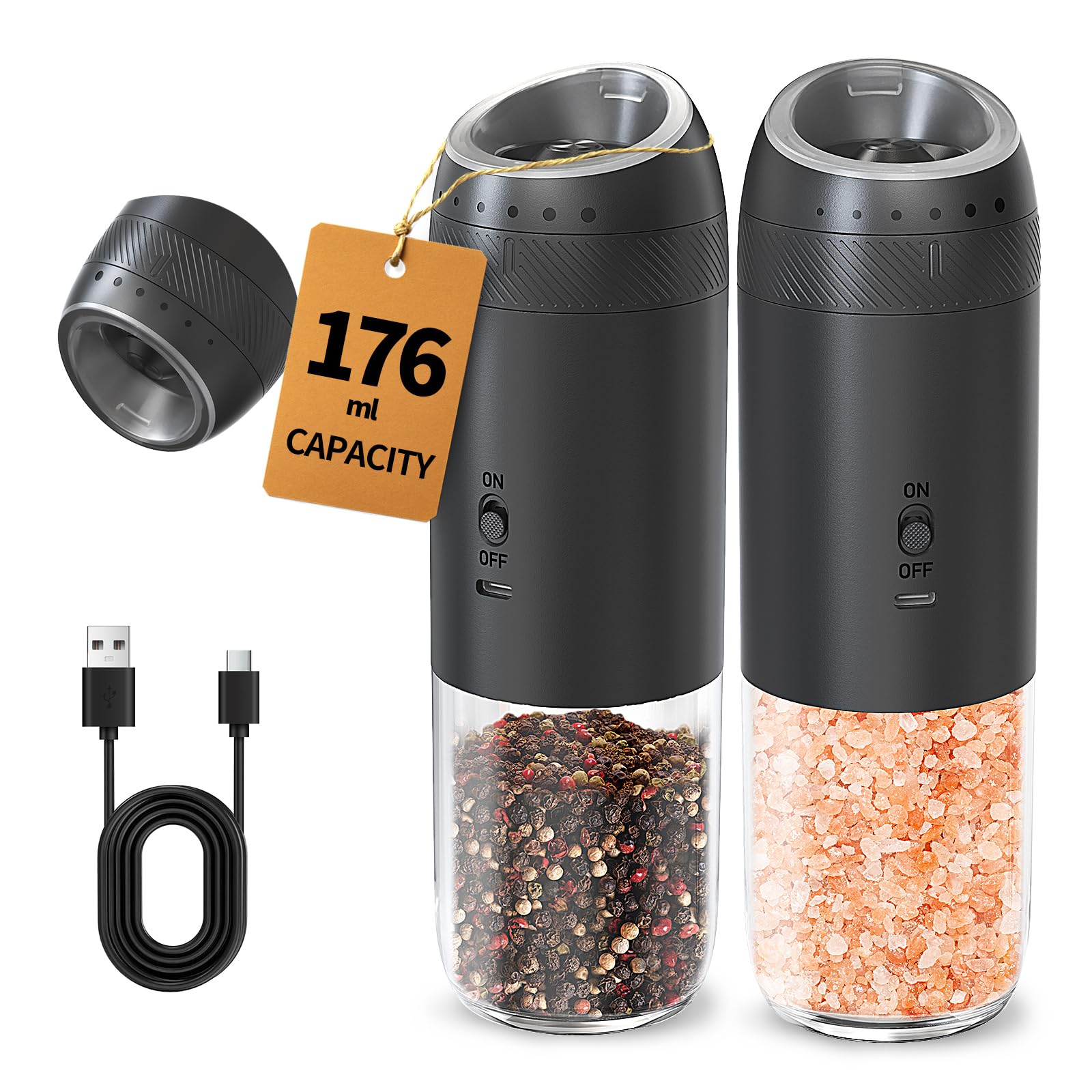 CIRCLE JOY Rechargeable Salt and Pepper Grinder Set Gravity Electric Salt and Pepper Grinder Set, LED Light, Adjustable Coarseness, for Home Kitchen BBQ, Black & White