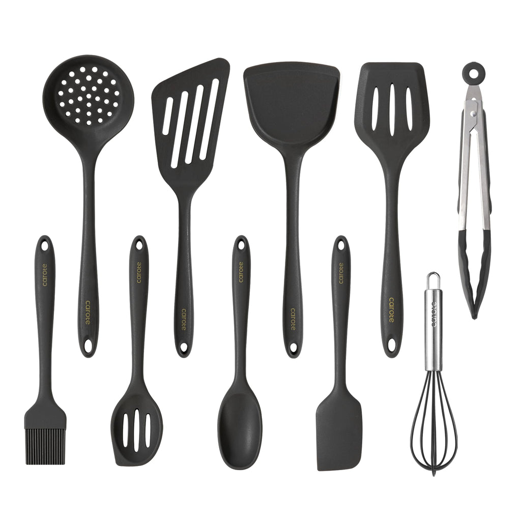 CAROTE Kitchen Utensil Set for Nonstick Cookware - 446°F Heat Resistant Silicone Cooking Utensils Set 10pcs, Dark Grey, Oderless Spatula, Turner