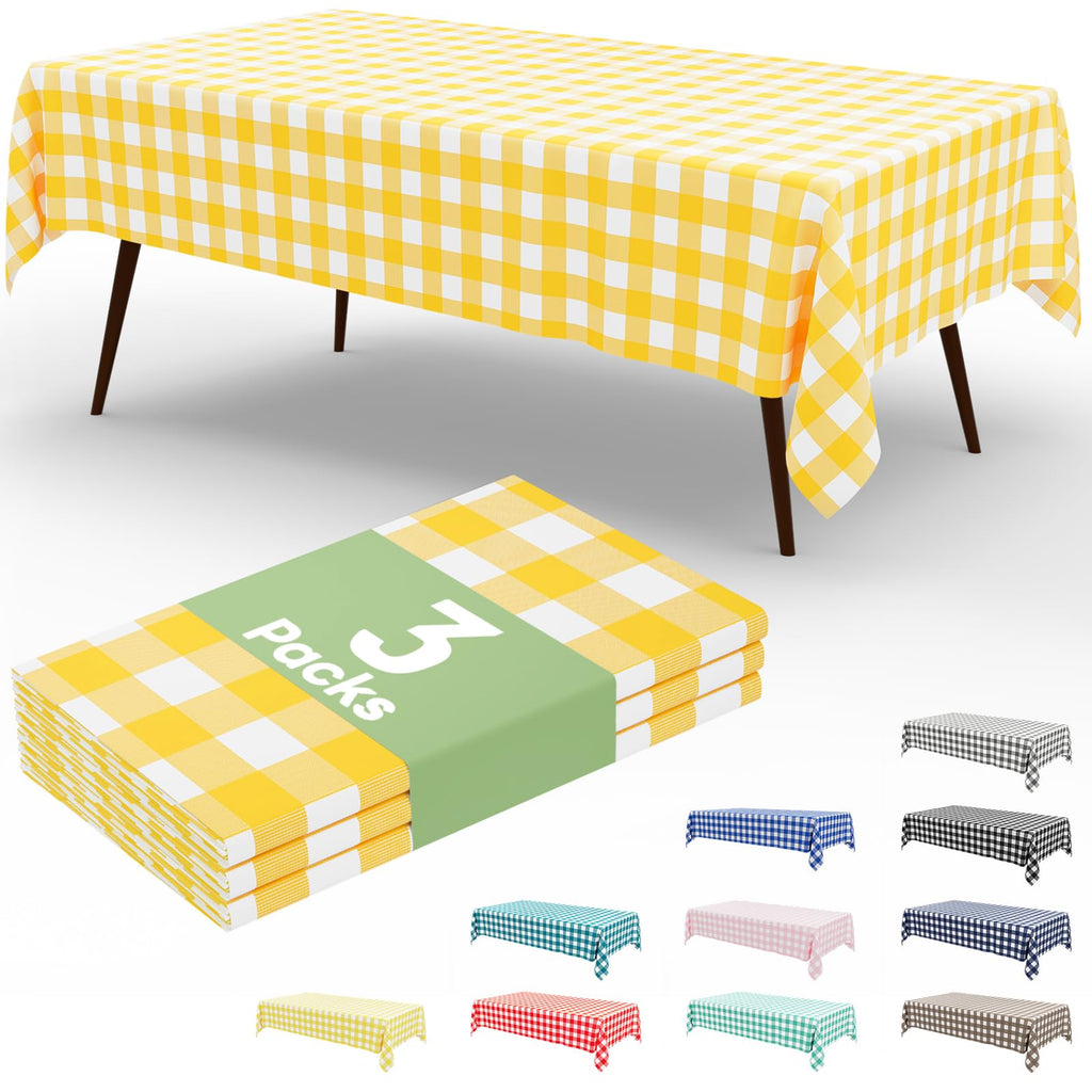 Smiry 3 Pack Red Gingham Disposable Tablecloths - 54" x 108" Heavy Duty Plastic Table Cloth, Waterproof Buffalo Plaid Table Covers for Picnic, Banquets, Outdoor Parties