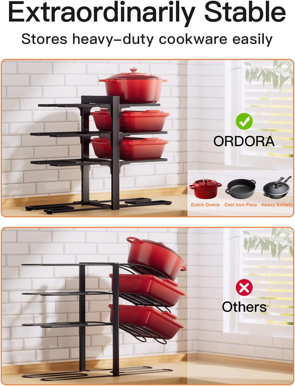 ORDORA Pots and Pans Organizer: Rack for Cabinet, 8-Tier Heavy Duty