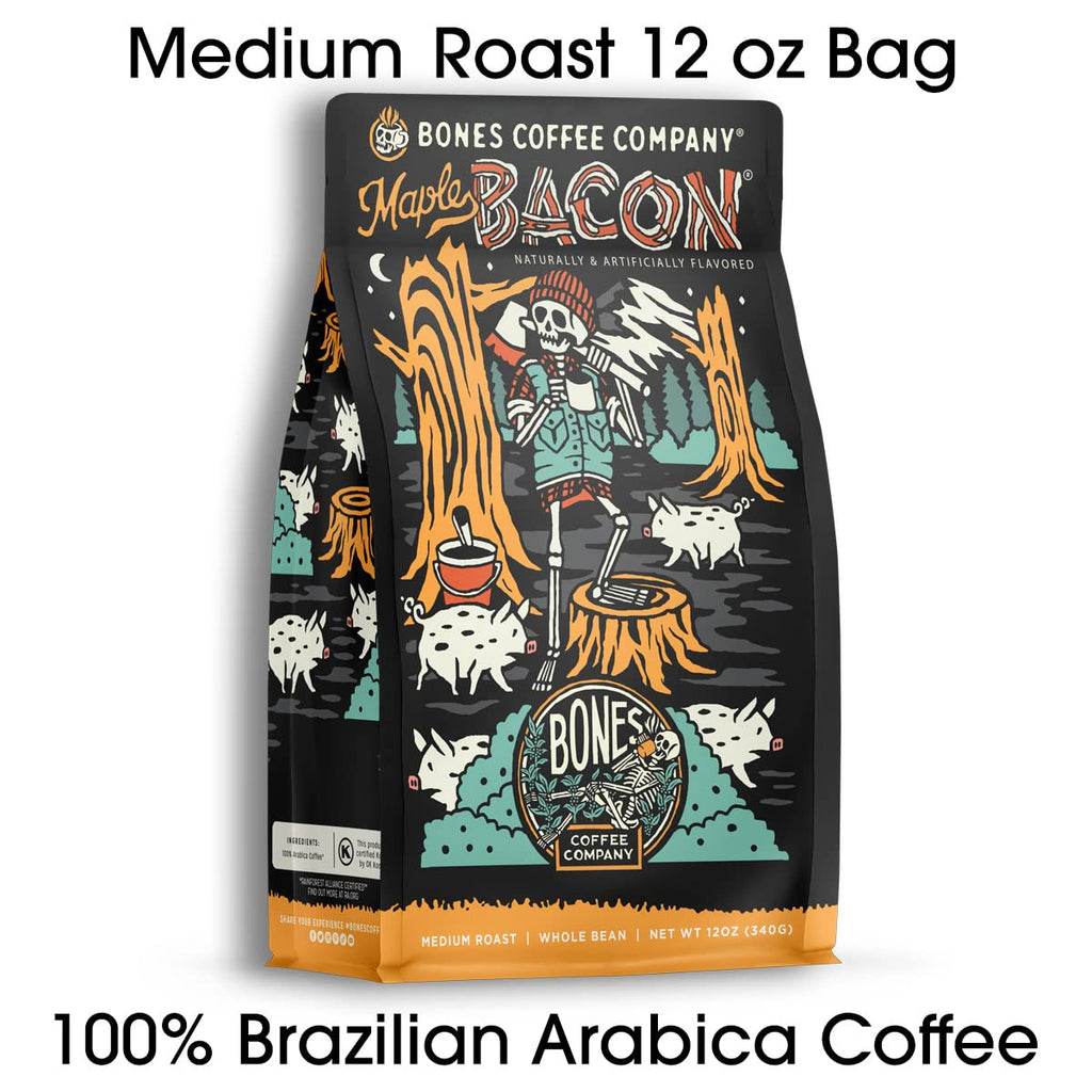 Bones Coffee Company Highland Grog, Butterscotch Caramel Flavored Coffee, Medium Roast Low Acid Arabica Beans Compatible with Auto drip and French Press Coffee Maker, 12 Oz Ground