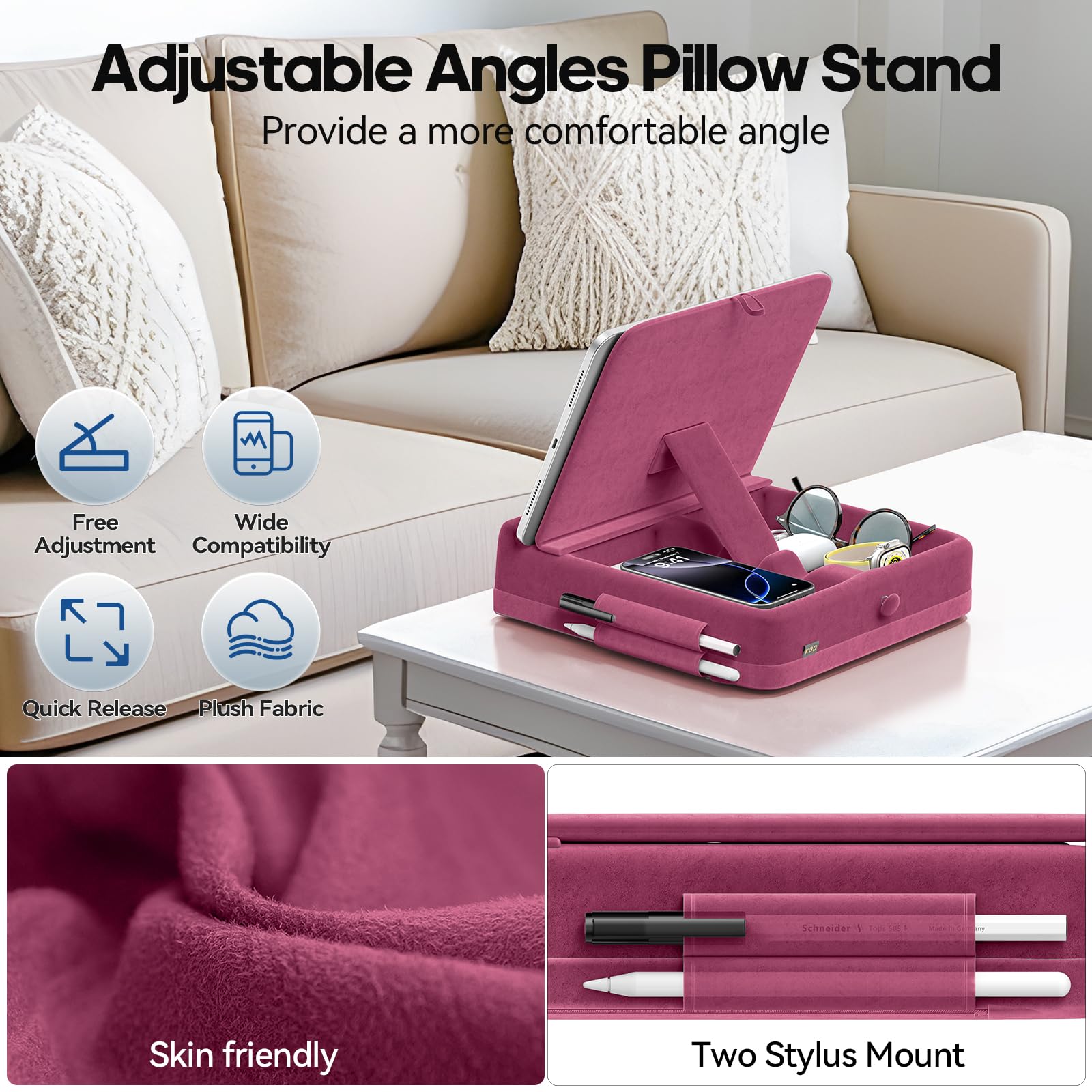 KDD Tablet Pillow Stand with Storage, Foldable iPad Holder for Bed, Lap and Desk, Angle Adjustable Soft Pad Dock with Stylus Mount Compatible with Ipad Pro 12.9, 10.5, 11, Air, Mini, Phones, Books