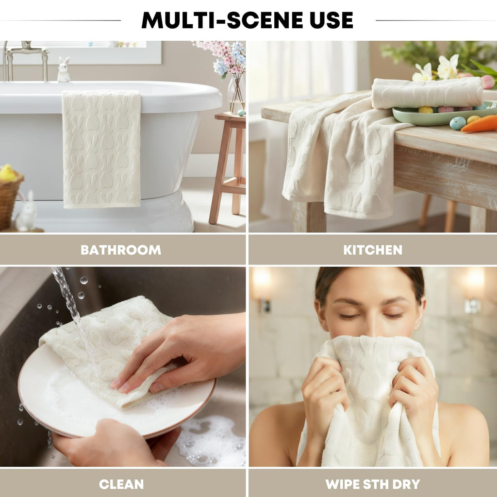 Artoid Mode 2 Pcs Beige 3D Rabbit Jacquard Easter Hand Towels for Bathroom, 100% Cotton Soft Absorbent Bathroom Decor Towels, 13.7 x 29.5 Inch