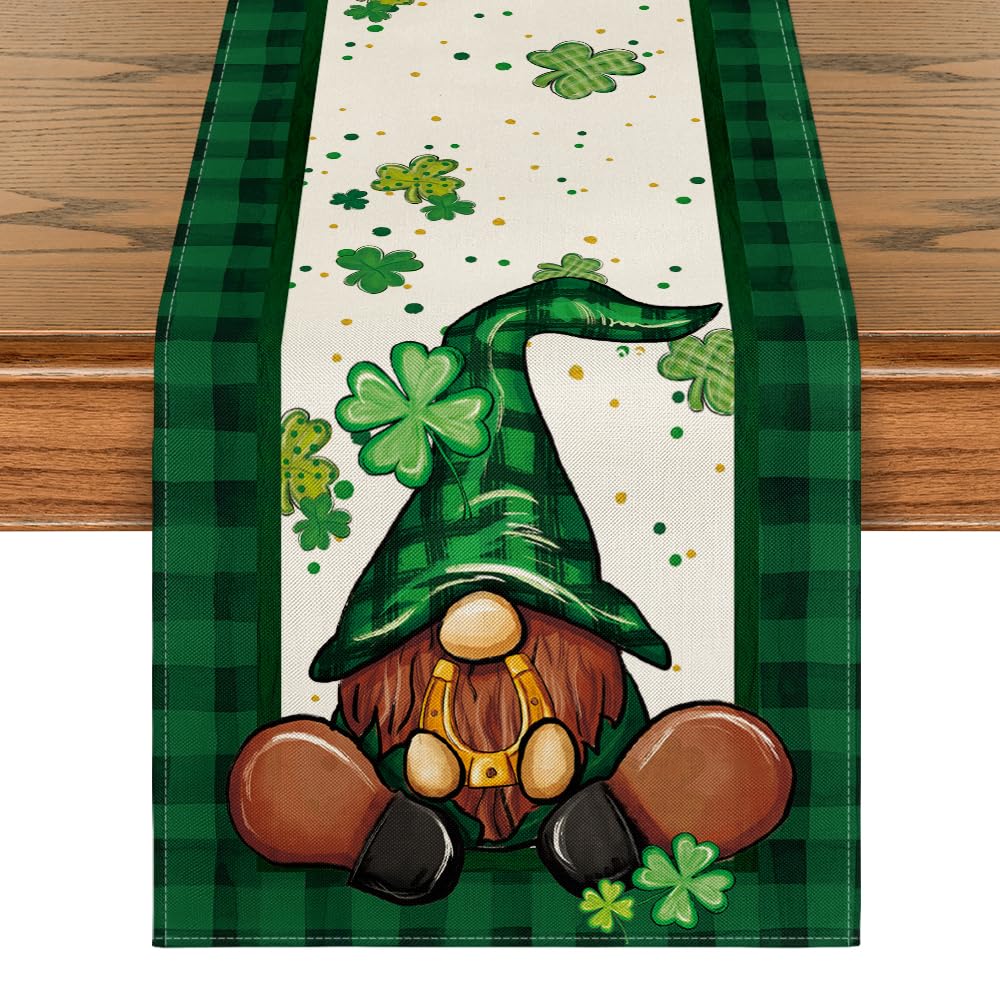 Artoid Mode Buffalo Plaid Shamrock Gnome St. Patrick's Day Table Runner, Seasonal Spring Holiday Kitchen Dining Table Decoration for Indoor Outdoor Home Party Decor 13 x 72 Inch