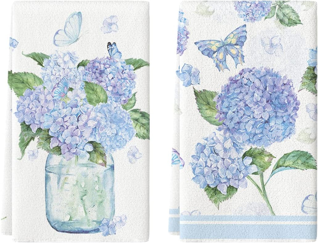 Artoid Mode Hydrangea Vase Butterfly Spring Kitchen Towels Dish Towels, 18x26 Inch Summer Flowers Holiday Decoration Hand Towels Set of 2