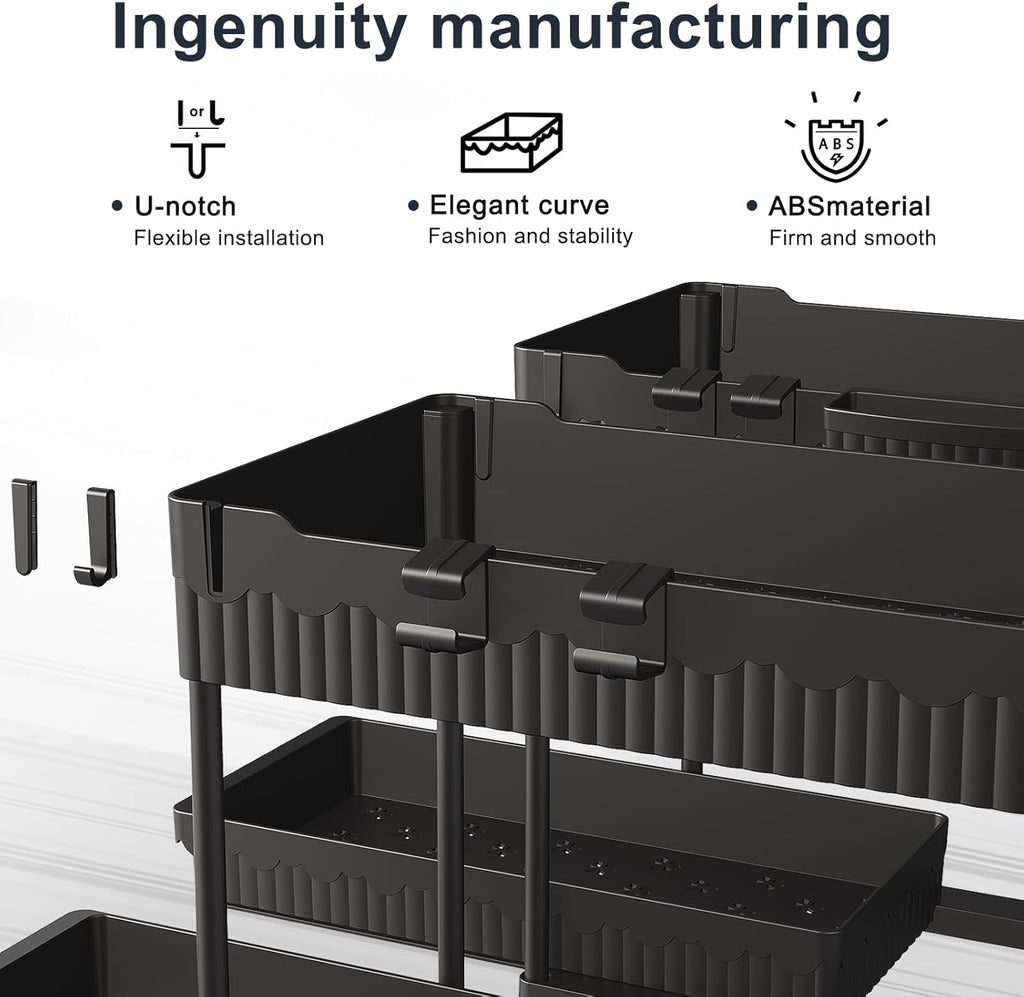 Under Sink Organizer, 2 Tier Sliding Bathroom Cabinet Organizer and Storage，Multi-purpose Under Kitchen Sink Oragnizers and Storage (Black 2Pack)