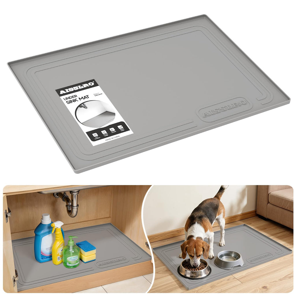 Aisslro Under Sink Mat 22" X 19", Waterproof Silicone Cabinet Protector with Raised Edge, Kitchen & Bathroom Leak Tray, Shelf Liner & Pet Feeding Mat for Dog Cat Food Mats, Light Gray