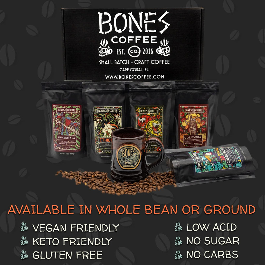 Bones Coffee Company NEW Favorite Flavors Sample Pack, Assorted Flavored Coffee Low Acid Medium Roast Arabica Beans Specialty Coffee Gifts, Auto Drip and French Press Compatible, 4 oz Pack of 5 Ground