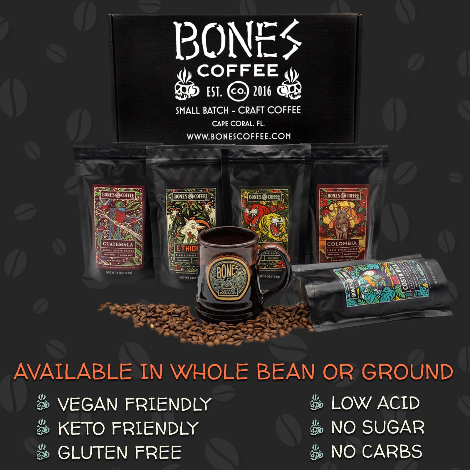 Bones Coffee Company NEW Favorite Flavors Sample Pack, Assorted Flavored Coffee Low Acid Medium Roast Arabica Beans Specialty Coffee Gifts, Auto Drip and French Press Compatible, 4 oz Pack of 5 Ground